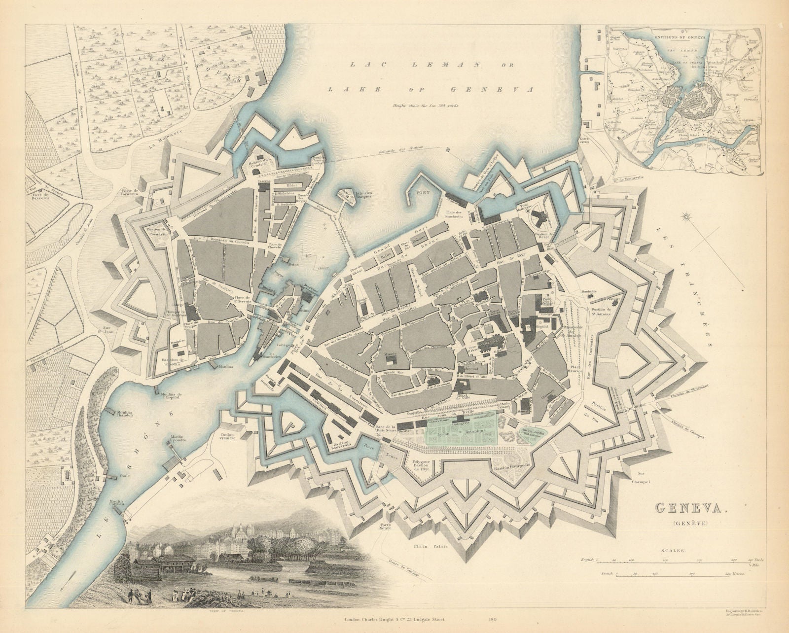 GENEVA GENÈVE GENF. Antique town city map plan. Inset environs of. SDUK 1847
